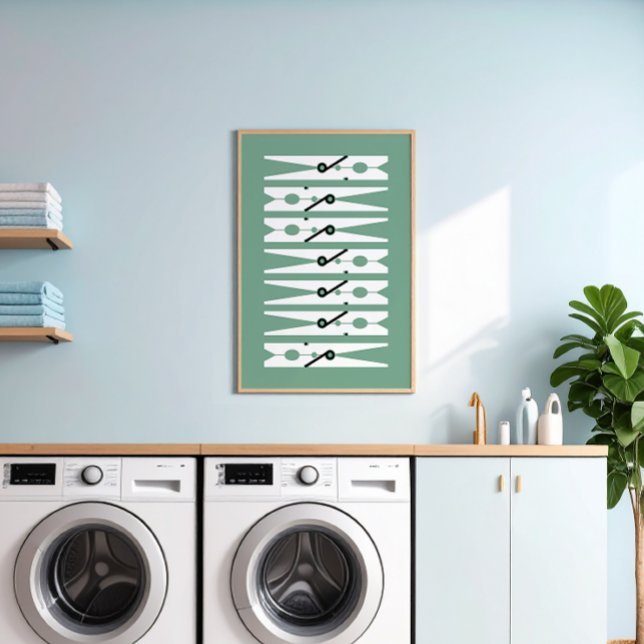 Ropa Pins Black White Green Lavandería Sala Arte (millennial green and white modern graphic clothes pins art for a fun laundry room)
