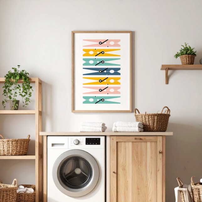 Ropa Pins Color Luminoso Lavandería Sala Arte (colorful pink, yellow, teal and navy blue modern graphic clothes pins art for a fun laundry room)