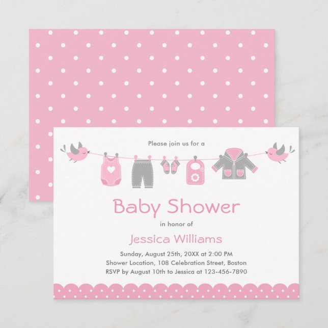 Ropa rosa suave | Invitación de Chica Baby Shower (Anverso / Reverso)
