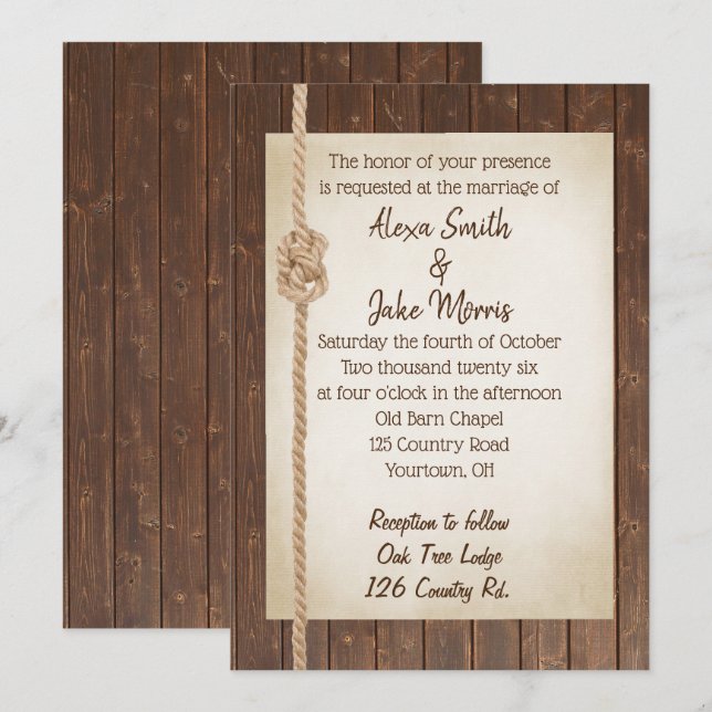 Rope Knot Sobre Invitación A La Boda De Madera (Anverso / Reverso)