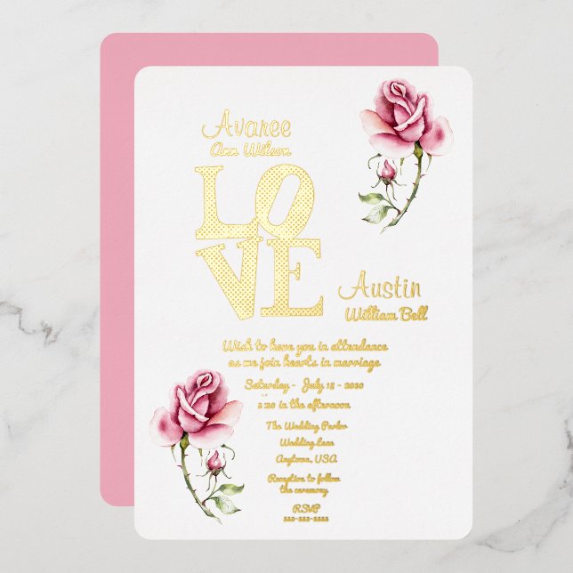 Rosa acuarela rosa e invitación al Relieve metaliz (Anverso/Reverso)