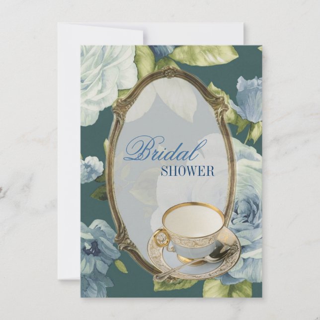 rosa azul Bridal Shower Tea Party Invitación (Anverso)