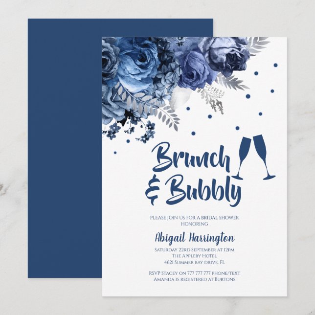 Rosa azul Brunch & Bubbly Bridal Shower Invitación (Anverso / Reverso)