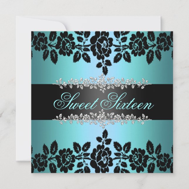 Rosa azul y negro dulce 16 cumpleaños invitación (Anverso)