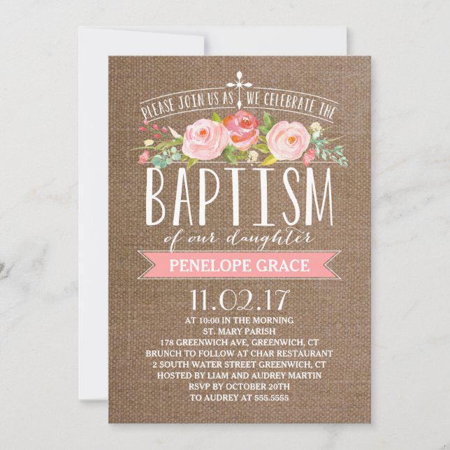 Rosa Banner Burlap | Invitación al bautismo (Anverso)