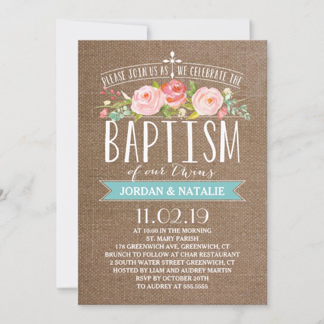 Rosa Banner Burlap | Invitación al bautismo de gem (Anverso)