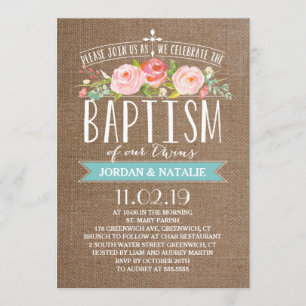 Rosa Banner Burlap Invitación al bautismo de gem