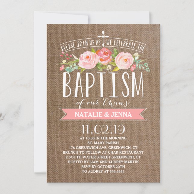 Rosa Banner Burlap | Invitación al bautismo de gem (Anverso)