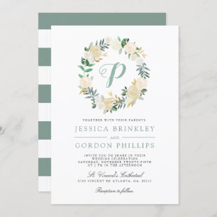 Rosa blanca a rayas  Invitación a la boda monogram