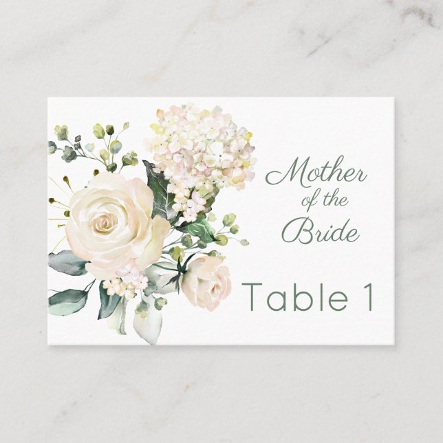 rosa blanca boda, tarjeta de lugar hidrangea (Anverso)