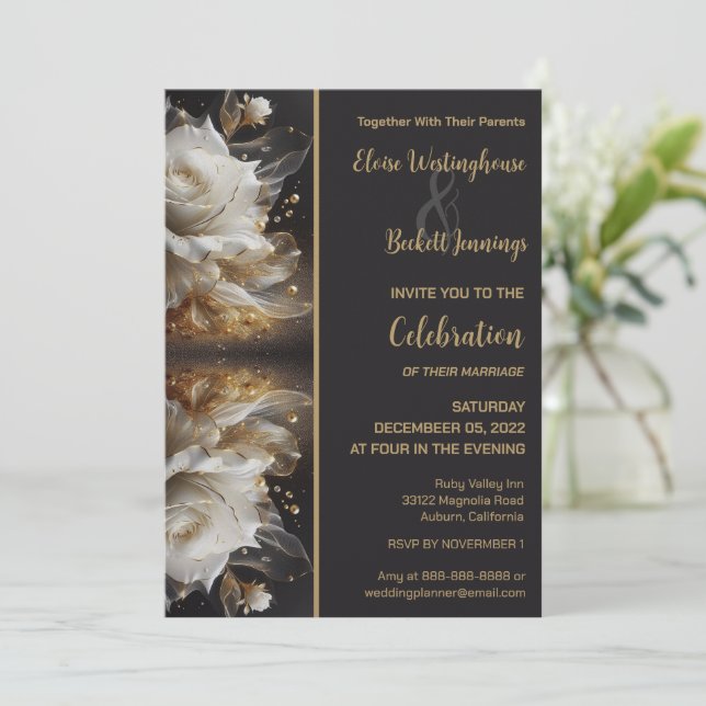 Rosa Blanca con invitación a la Boda de Oro (Anverso de pie)