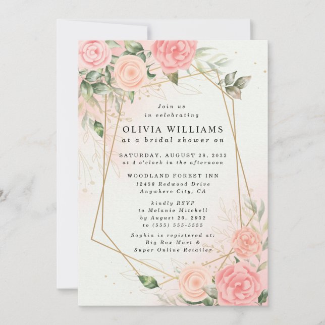 Rosa Boda Romántico de color de agua Invitación fl (Anverso)