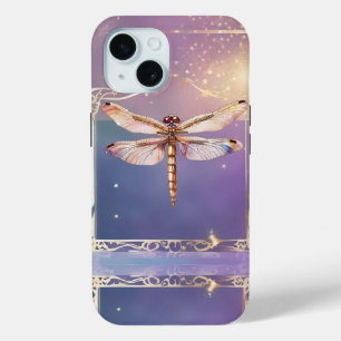 Rosa bonito Gold Dragonfly iPhone 15 Funda Purple