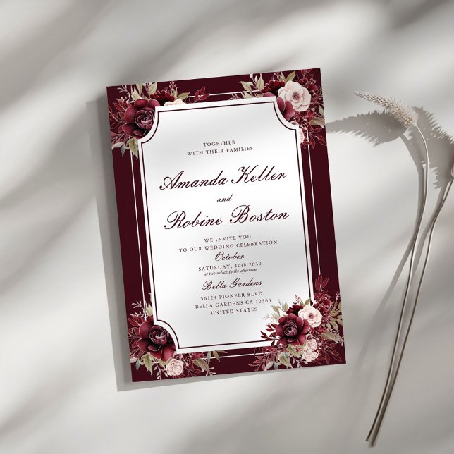 Rosa Borgoña Floral Elegante Invitación a la Boda (Subido por el creador)