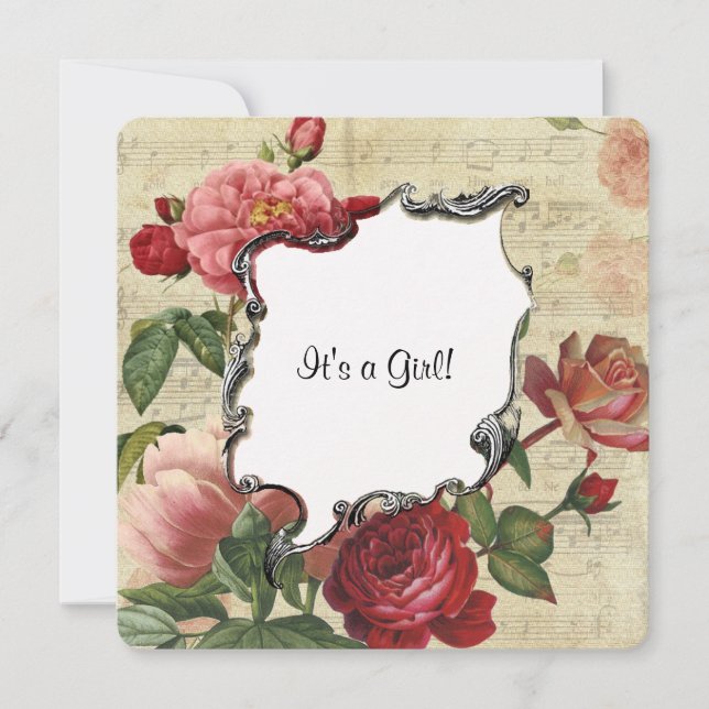 Rosa botánico de época Invitación a Baby Shower (Anverso)