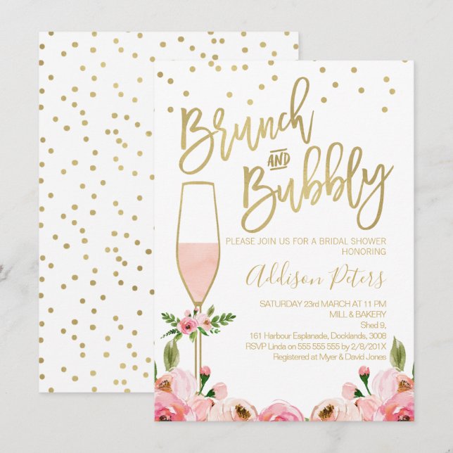 Rosa Brunch Floral Bubbly Bridal Shower Invitación (Anverso / Reverso)