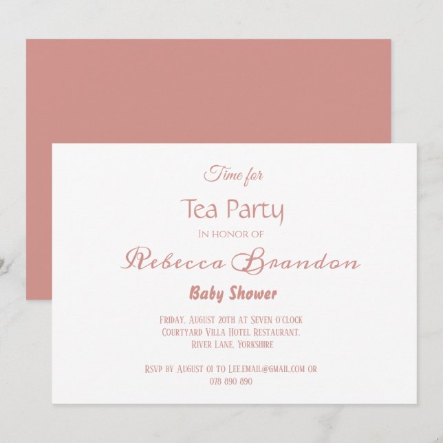 Rosa caligrafía de oro Invitación de Fiesta de té  (Anverso / Reverso)