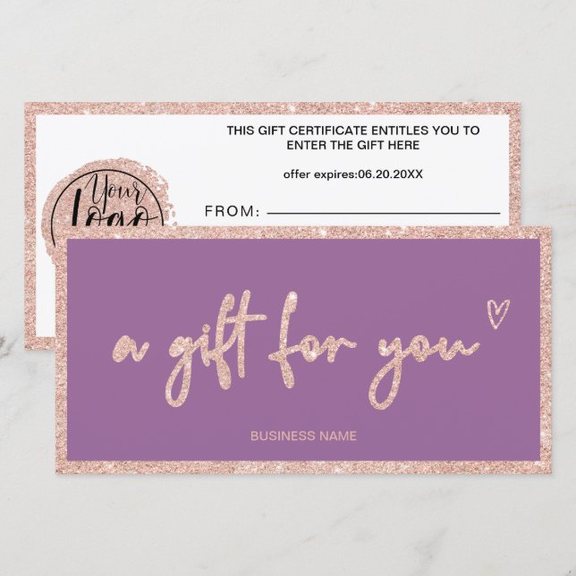 Rosa Certificado de regalo de logotipo púrpura pur (Anverso / Reverso)