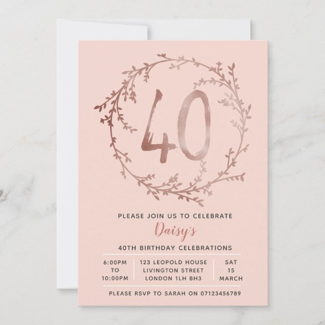 Rosa Chicas de cumpleaños 40 años invitación (Anverso)