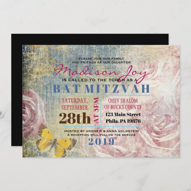 ROSA CLÁSICA & MARIPOSAS Invitación para Bat Mitzv (Anverso / Reverso)