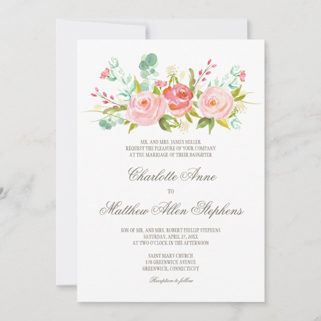 Rosa clásico Jardín elegante Invitación a la boda (Anverso)