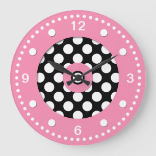 Rosa con el reloj de pared de puntos de polka blan