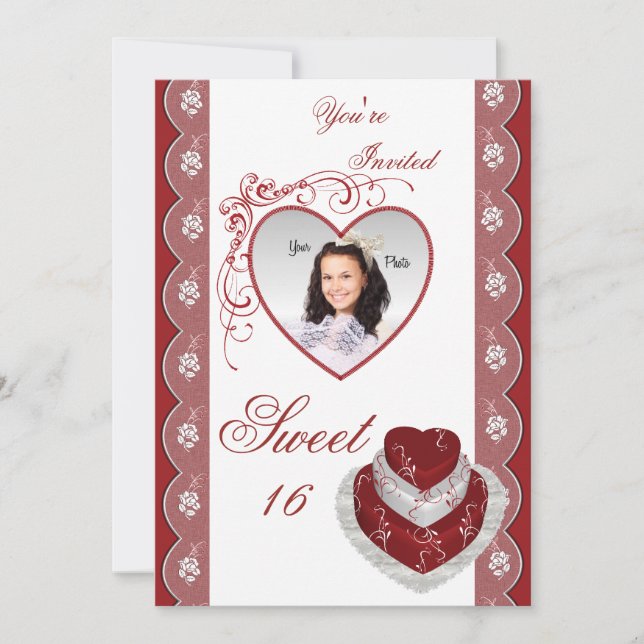Rosa Corazón dulce 16 Invitaciones de cumpleaños d (Anverso)