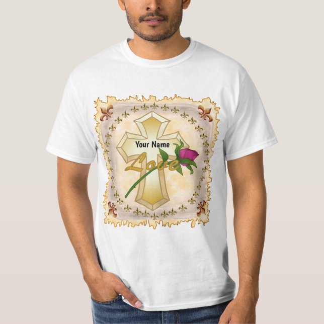 Rosa de amor Cruz cristiana camiseta (Anverso)