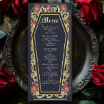 Rosa de ataúd gótico Menú Boda azul<br><div class="desc">Añade un toque de elegancia gótica a tu fiesta con estos menús bodas con un marco en forma de ataúd, adornado con espinas, rosas y acentos dorados con un fondo azul profundo. Ideal para una cena romántica. Personalice el texto, la fuente y el color de fondo para que se ajusten...</div>