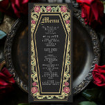 Rosa de ataúd gótico Menú Boda negro<br><div class="desc">Añade un toque de elegancia gótica a tu fiesta con estos menús bodas con un marco en forma de ataúd, adornado con espinas, rosas y acentos dorados sobre un fondo negro. Ideal para una cena romántica. Personalice el texto, la fuente y el color de fondo para que se ajusten a...</div>