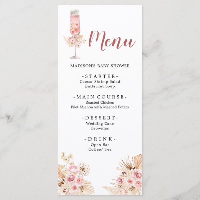 Rosa de Boho Rosa Soiree Bridal Shower Menú (Anverso)
