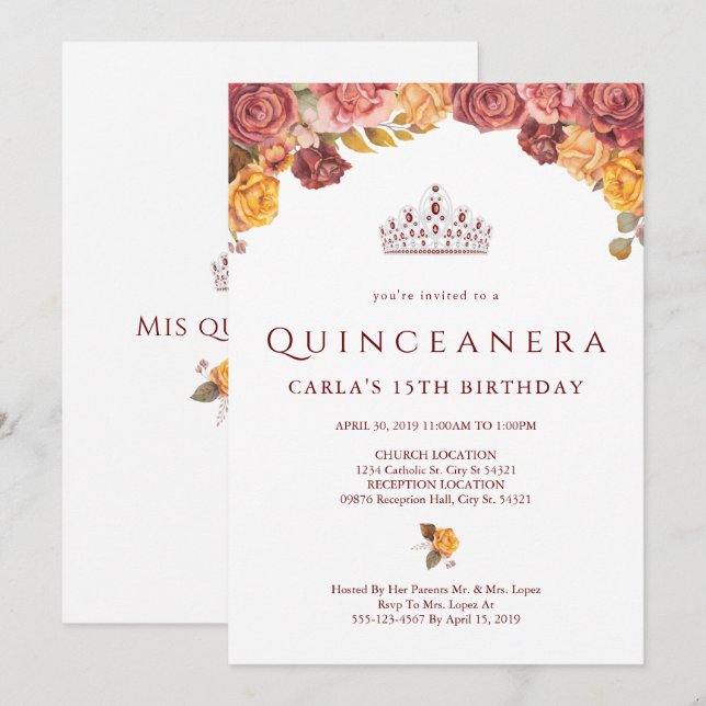 Rosa de Borgoña | Invitaciones Quinceanera (Anverso / Reverso)