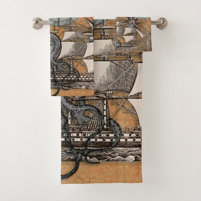 Rosa de brújula Vintage Nautical Octopus Ship (In situ)