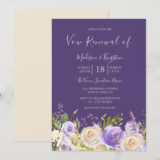 Rosa de champán Flores púrpuras Invitación a la re (Anverso / Reverso)