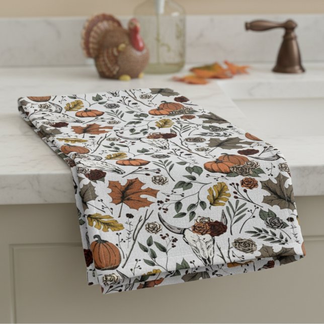 Rosa de cosecha y cosecha de bovinos de cráneo (Elegant Southwestern Fall Harvest  & Cow Skulls, Roses Pattern in Light Gray. Burnt Orange Pumpkins)