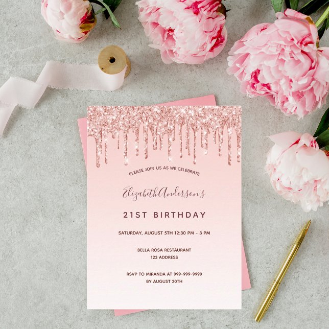 Rosa de cumpleaños purpurina de oro invitación ros (Subido por el creador)