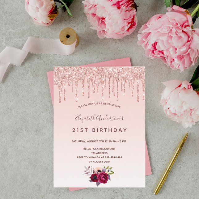 Rosa de cumpleaños purpurina de oro invitación ros (Subido por el creador)