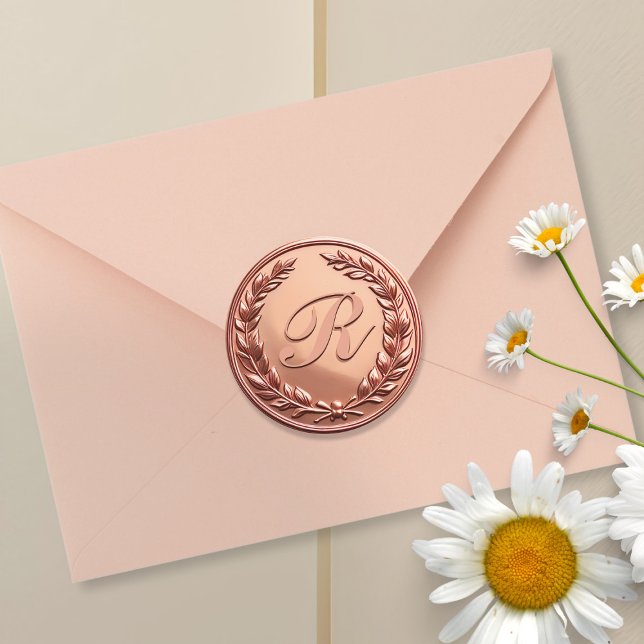 Rosa de guirnalda monograma Pegatinas de sellos de (Monogram Wreath Rose Gold Faux Wax Seal Stickers)