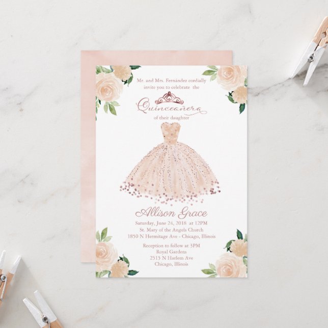 Rosa de invitaciones Quinceanera vestido Rubor ros (Anverso/Reverso In Situ)