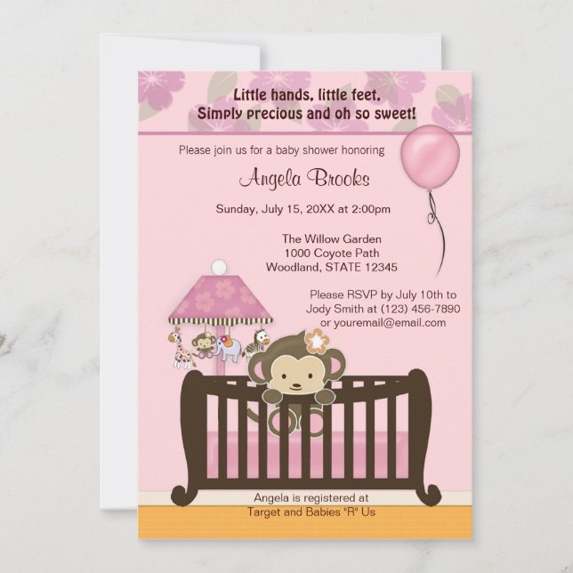 ROSA de la invitación CJ de Baby Shower del mono (Anverso)