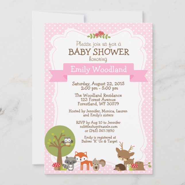 Rosa de la invitación de Baby Shower del bosque (Anverso)
