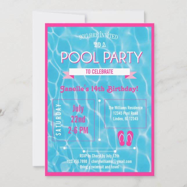 Rosa de la invitación de la fiesta en la piscina (Anverso)