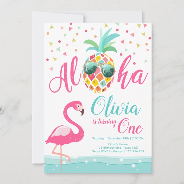 Rosa de la invitación del cumpleaños del flamenco (Anverso)
