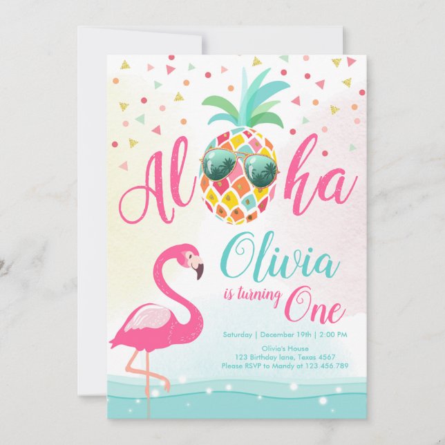 Rosa de la invitación del cumpleaños del flamenco (Anverso)