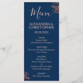 Rosa de la Marina de Oro Floral Azul Menú de Boda 