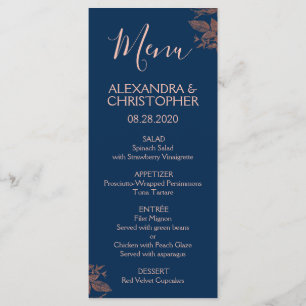 Rosa de la Marina de Oro Floral Azul Menú de Boda 