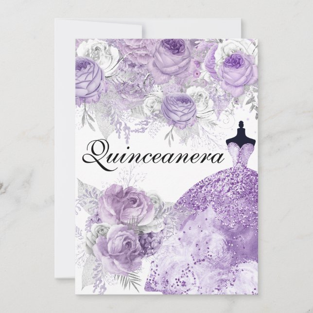 Rosa de lavanda púrpura Invitación Quinceanera (Anverso)