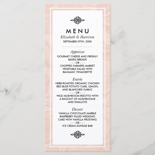 Rosa de mármol Elegante Menú de Bodas Vintage (Anverso)