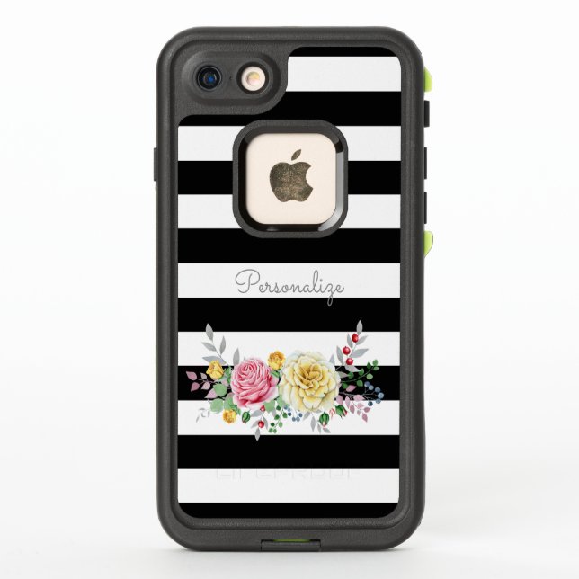 Rosa de moda Floral Trendy Black Stripes and Name (Reverso)