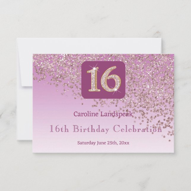 Rosa de moda Purpurina de Oro, 16 Cumpleaños RSVP (Anverso)